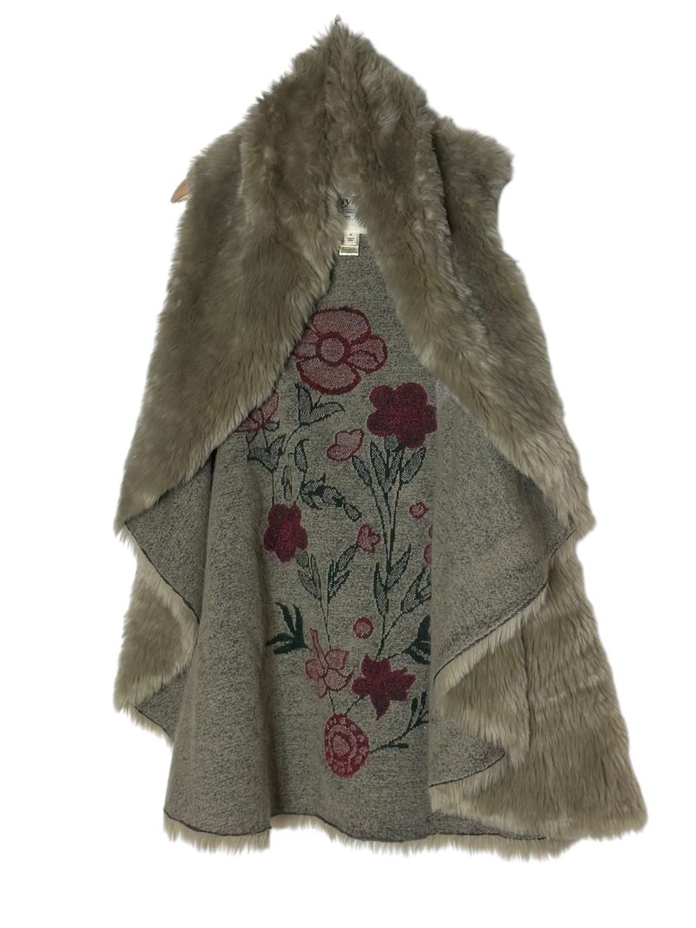 Dylan True Grit Reversible Faux Fur Embroidered Floral Boho Vest Coat Size M Tan